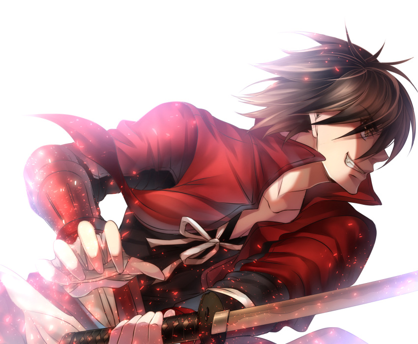 1boy bandaged_hands brown_hair collarbone drifters eyebrows_visible_through_hair from_side grin hair_over_one_eye highres holding holding_sword holding_weapon jacket katana mia_(gute-nacht-07) red_jacket shimazu_toyohisa simple_background smile solo sword weapon white_background