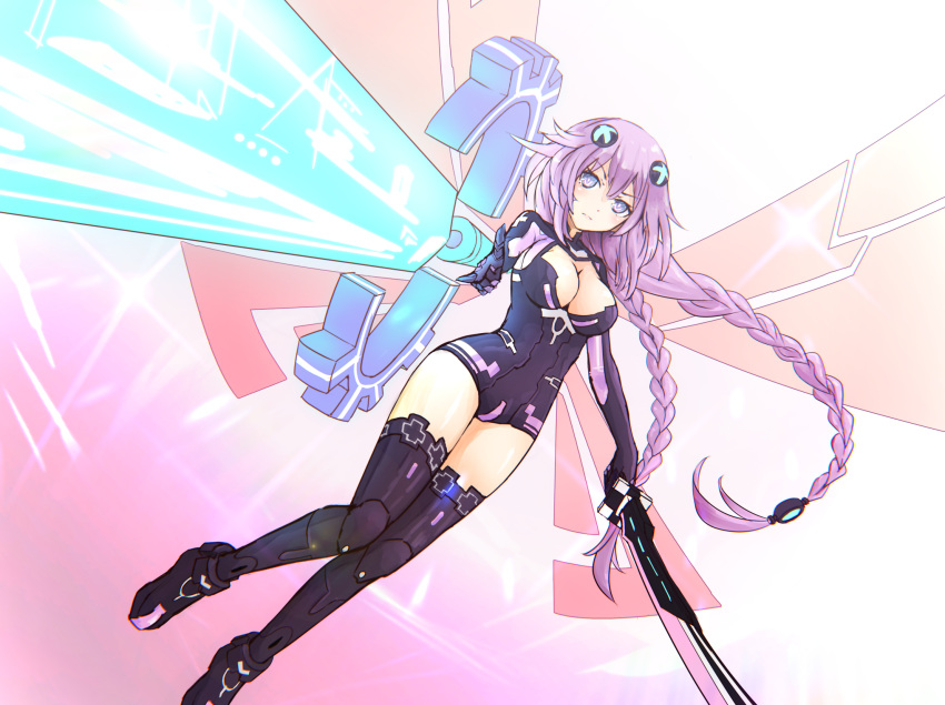 1girl blue_eyes braid breasts choujigen_game_neptune cleavage cleavage_cutout dutch_angle female hair_ornament hairpods highres holding holding_sword holding_weapon knees_together_feet_apart large_breasts legs looking_at_viewer neptune_(choujigen_game_neptune) neptune_(series) purple_hair purple_heart rigani serious solo sword symbol-shaped_pupils twin_braids very_long_hair weapon wings