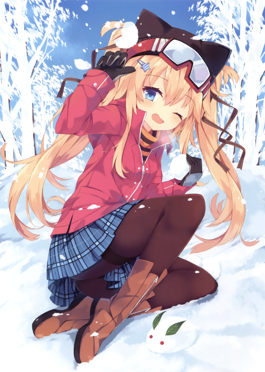 1girl ;d absurdres animal_hat bare_tree black_gloves black_legwear blonde_hair blue_eyes blue_skirt blush boots brown_boots cat_hat day eyebrows_visible_through_hair fang full_body gloves goggles goggles_on_head hat highres holding jacket kneeboots long_hair long_sleeves nibiiro_shizuka on_ground one_eye_closed open_mouth original outdoors pantyhose plaid plaid_skirt pleated_skirt red_jacket scan sitting skirt smile snow snow_bunny snowball solo thighband_pantyhose tree twintails