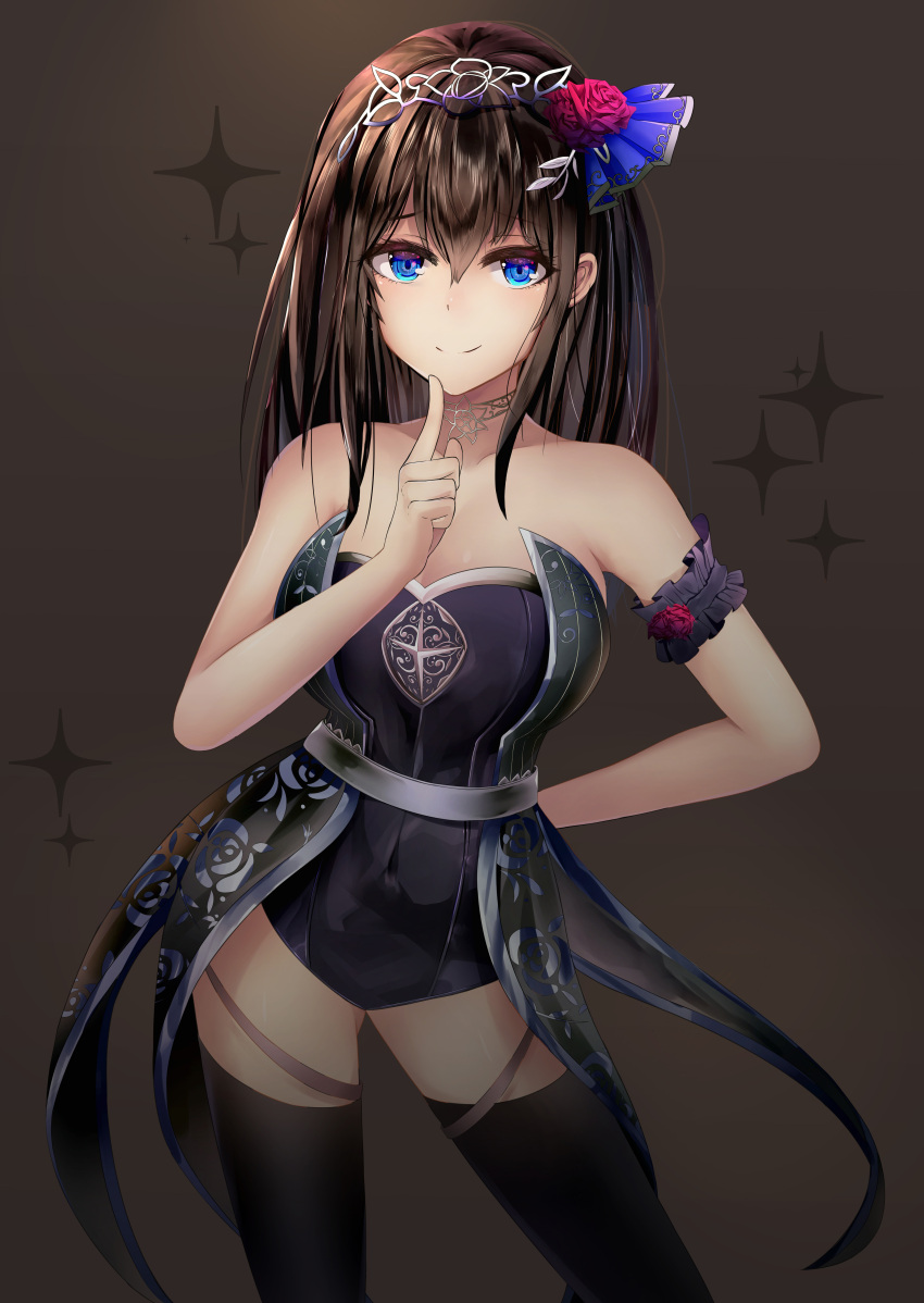 1girl absurdres belt black_dress black_hair black_legwear blue_eyes breasts choker cleavage dress finger_to_mouth flower grey_background hair_flower hair_ornament highres idolmaster idolmaster_cinderella_girls jewelry large_breasts layered_dress limit_x long_hair looking_at_viewer microdress necklace sagisawa_fumika simple_background smile solo strapless strapless_dress thigh-highs tiara