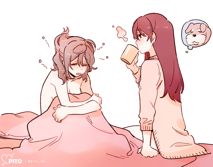 2girls aftersex artist_name closed_eyes commentary_request cup dog drinking grey_hair imagining long_hair long_sleeves love_live! love_live!_sunshine!! messy_hair mug multiple_girls naked_sweater nude open_mouth pillow pito_(sh02327) redhead sakurauchi_riko simple_background sitting sleepy steam sweater twitter_username under_covers watanabe_you white_background yuri