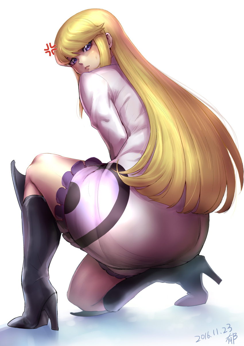 1girl absurdres anger_vein ass black_boots blonde_hair blue_eyes boots high_heels highres kneeling kugimiya_kei lips long_hair looking_at_viewer looking_back looking_down majestic_prince shiroinuchikusyo simple_background solo sweatdrop white_background