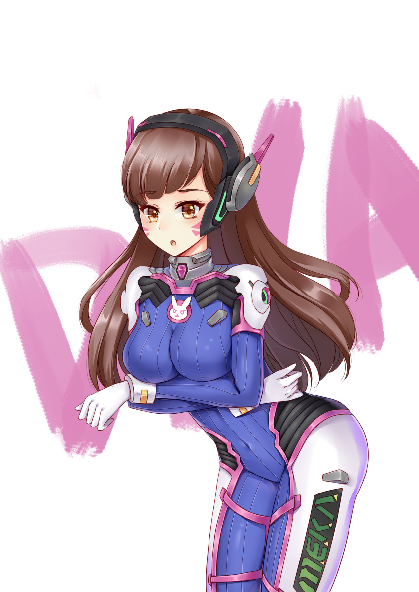 1girl :o absurdres animal_print bangs blue_bodysuit bodysuit bracer breast_hold breast_rest breasts brown_eyes brown_hair bunny_print character_name covered_navel cowboy_shot d.va_(overwatch) eyebrows_visible_through_hair eyelashes facepaint facial_mark gloves hands_up headphones high_collar highres legs_together long_hair long_sleeves looking_at_viewer medium_breasts open_mouth overwatch pauldrons pilot_suit ribbed_bodysuit shoulder_pads simple_background skin_tight smile solo thigh-highs thigh_strap whisker_markings white_background white_gloves white_legwear