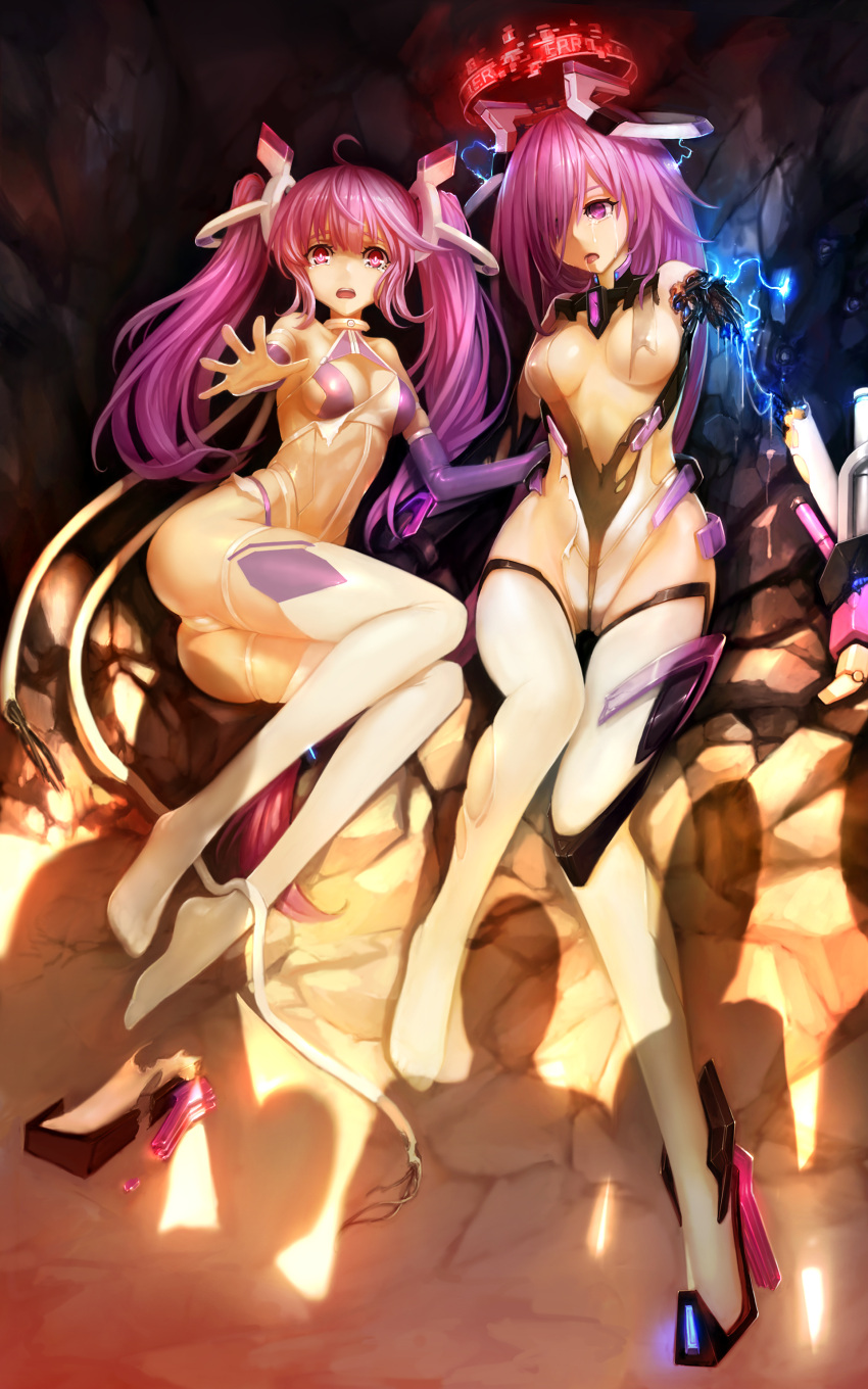 2girls 300_heroes absurdres android breasts cleavage damaged detached_sleeves elbow_gloves empty_eyes erect_nipples gloves hanshu highres leotard long_hair multiple_girls open_mouth parts_exposed pink_eyes pink_hair tears thigh-highs torn_clothes torn_thighhighs twintails