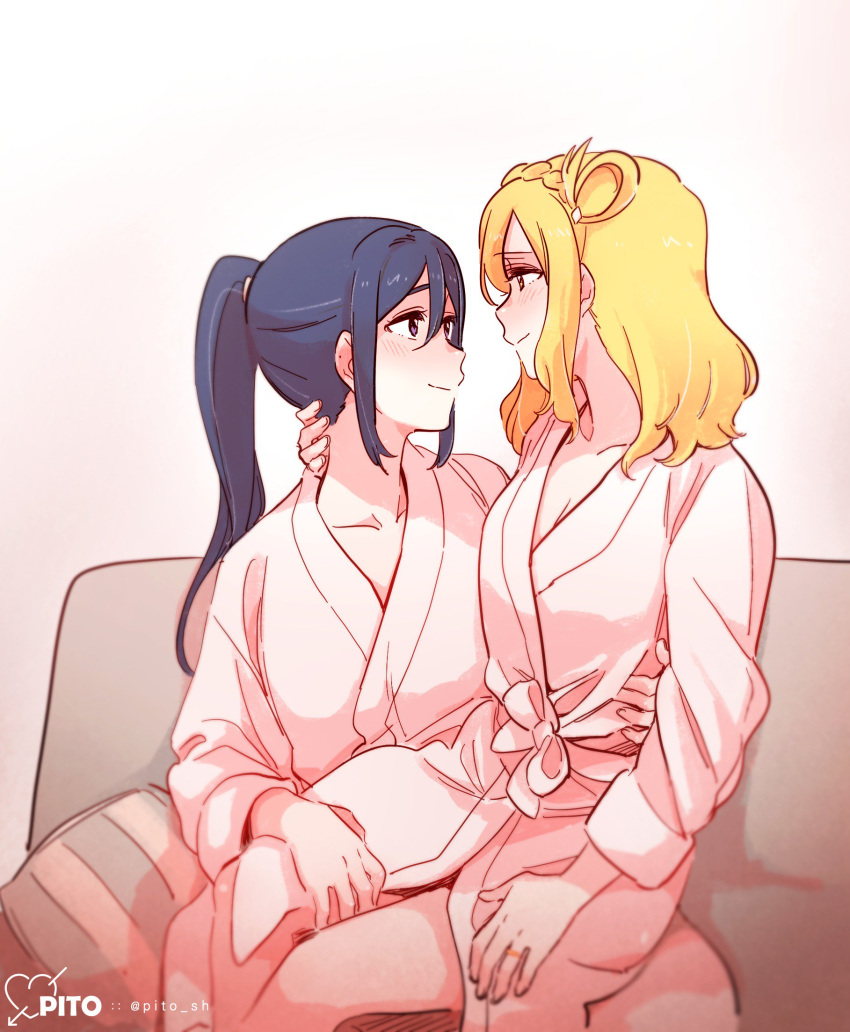 2girls arm_behind_back artist_name bathrobe blonde_hair blue_hair braid couch crown_braid cushion eye_contact face-to-face hair_rings hand_behind_head hand_on_another's_thigh highres long_hair looking_at_another love_live! love_live!_sunshine!! matsuura_kanan multiple_girls ohara_mari pito_(sh02327) ponytail sitting sitting_on_lap sitting_on_person smile twitter_username violet_eyes yuri