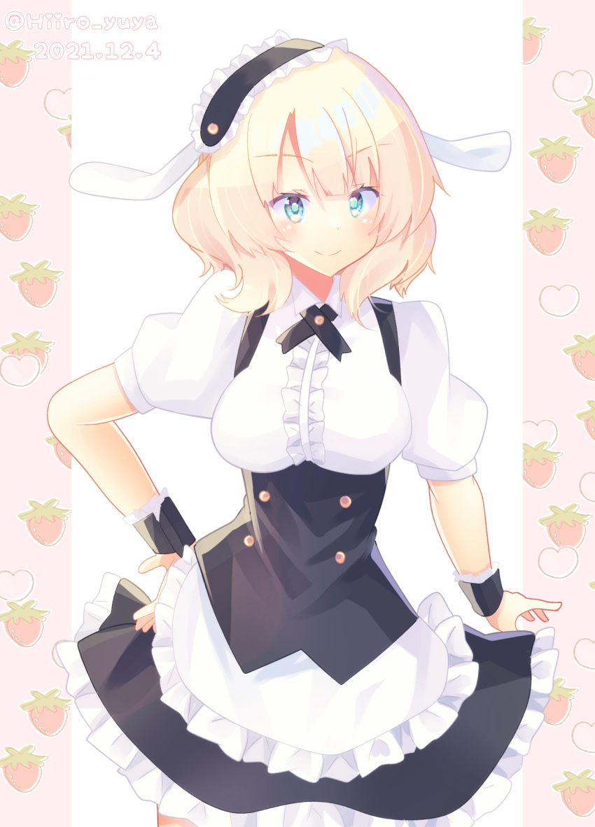 1girl animal_ears apron blonde_hair blue_eyes bolo_tie braid breasts center_frills colorado_(kancolle) cosplay fleur_de_lapin_uniform floppy_ears frilled_apron frilled_cuffs frilled_hairband frills gochuumon_wa_usagi_desu_ka? hairband headdress highres hiiro_yuya kantai_collection kirima_sharo kirima_sharo_(cosplay) look-alike looking_at_viewer maid medium_breasts one-hour_drawing_challenge rabbit_ears short_hair side_braids solo underbust waitress white_apron wrist_cuffs