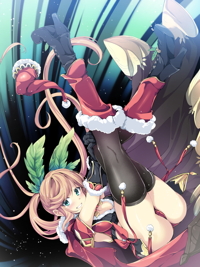 1girl absurdres black_gloves black_legwear blush breasts brown_hair cape clarisse_(granblue_fantasy) fujy gloves granblue_fantasy green_eyes hair_ribbon highres long_hair looking_at_viewer ponytail ribbon smile solo thigh-highs