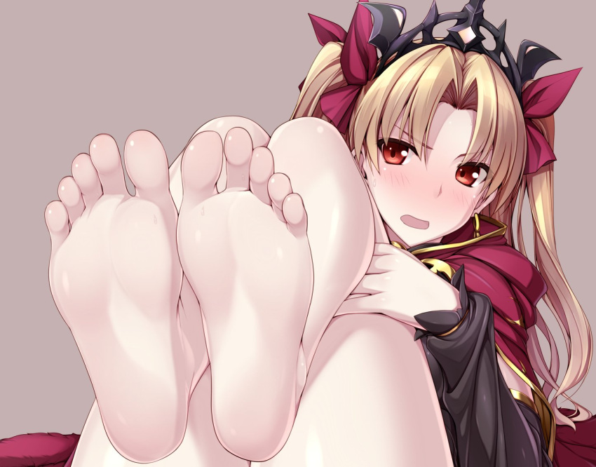 &gt;:o 1girl :o arm_warmers bangs barefoot blonde_hair blush bow brown_background cape capelet earrings ereshkigal_(fate/grand_order) fate/grand_order fate_(series) feet hair_bow jewelry legs legs_up long_hair looking_at_viewer naturalton nose_blush open_mouth parted_bangs red_bow red_cape red_eyes simple_background soles solo sweat tiara toes tohsaka_rin twintails two_side_up
