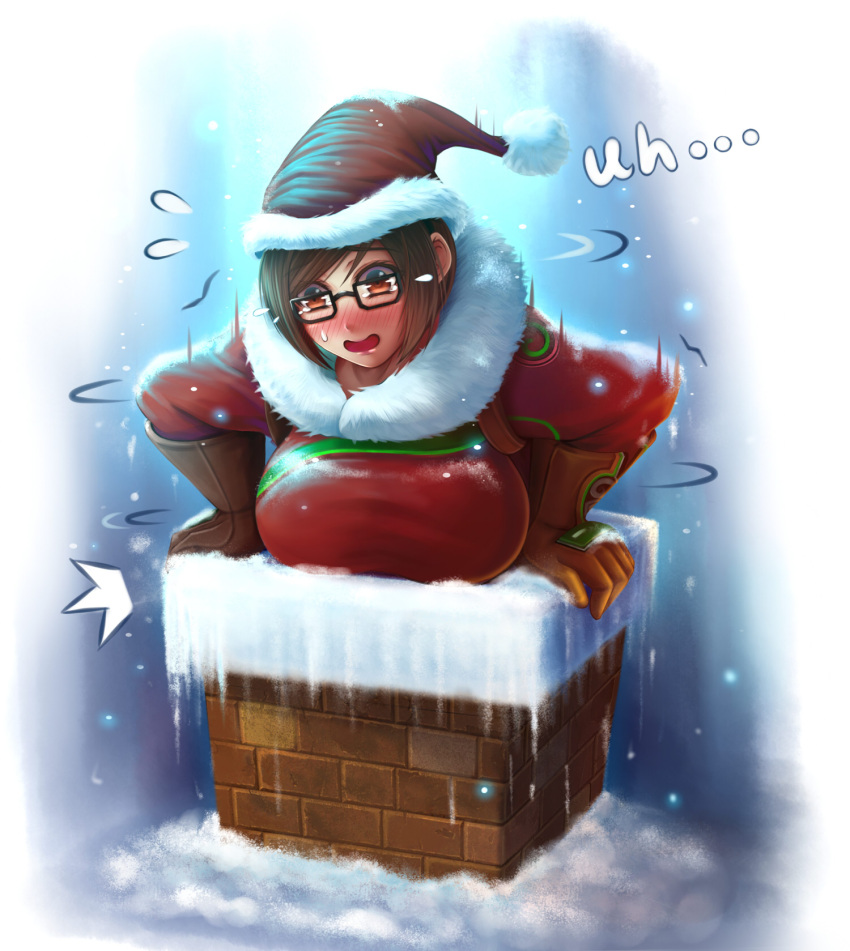 blush breasts chimney english hat highres inconvenient_breasts large_breasts mei_(overwatch) overwatch santa_costume santa_hat