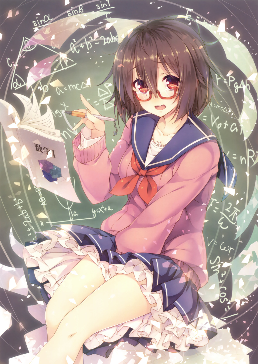 1girl absurdres between_legs blue_skirt book brown_hair collarbone equation eyebrows_visible_through_hair glasses hair_between_eyes hand_between_legs highres holding holding_pen layered_skirt looking_at_viewer open_book open_mouth original pleated_skirt red_eyes rozea_(graphmelt) school_uniform short_hair sitting skirt skirt_tug solo