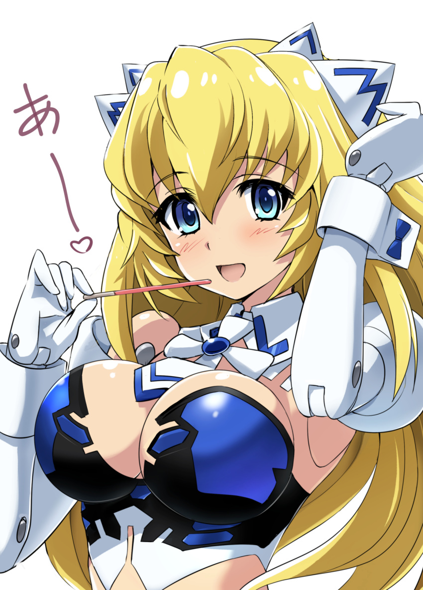 1girl :d altrene blonde_hair blue_eyes blush breasts busou_shinki cleavage doll_joints eating elbow_gloves food gloves hair_ornament highres large_breasts long_hair looking_at_viewer necktie open_mouth pocky shiny shiny_hair simple_background smile solo white_background white_gloves wrist_cuffs yumekaranigeruna