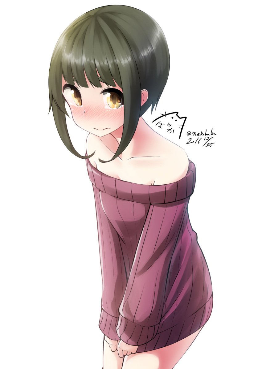 1girl artist_name bangs bare_shoulders blunt_bangs blush brown_eyes collarbone cowboy_shot crying crying_with_eyes_open dated embarrassed full-face_blush green_hair highres kantai_collection looking_at_viewer nekobaka off_shoulder ribbed_sweater signature simple_background solo sweater takanami_(kantai_collection) tears white_background