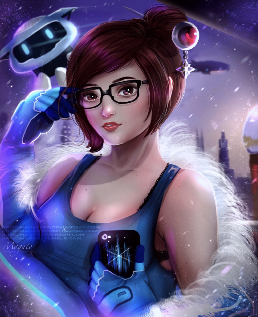 1girl adjusting_glasses artist_name black-framed_eyewear black_bra blue_shirt bra bra_strap breasts brown_eyes brown_hair cellphone cityscape cleavage coat collarbone drone floating fur_coat fur_trim glasses gloves hair_bun hair_ornament hair_stick highres holding large_breasts lipstick looking_at_viewer magato magato98 makeup mei_(overwatch) mole mole_on_breast night off_shoulder overwatch parted_lips phone red_lipstick robot shirt short_hair signature smartphone smile snowball_(overwatch) snowing solo tank_top underwear upper_body watermark web_address