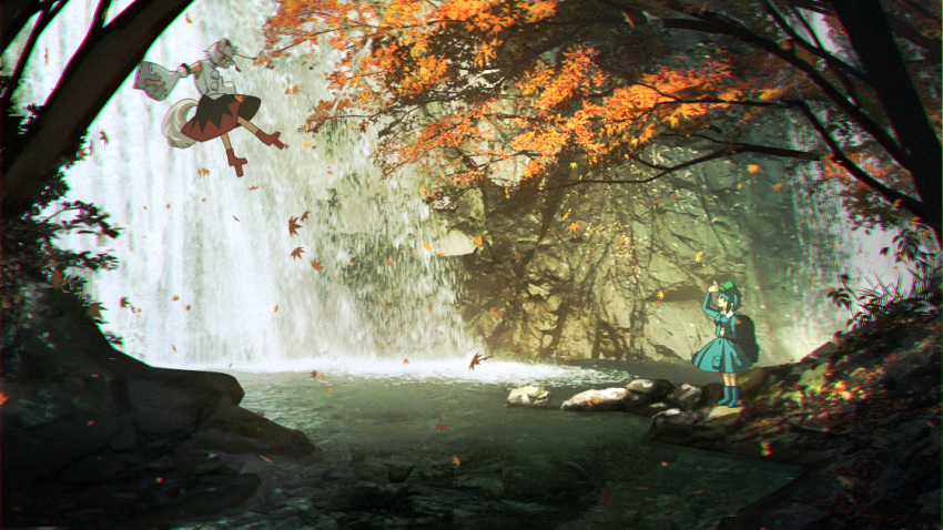 2girls amino_(tn7135) animal_ears autumn autumn_leaves backpack bag blue_hair boots cliff detached_sleeves falling_leaves flying geta hair_bobbles hair_ornament hat inubashiri_momiji kawashiro_nitori multiple_girls nature river rock short_hair short_twintails tagme tail tengu-geta tokin_hat touhou tree twintails water waterfall white_hair wolf_ears wolf_tail