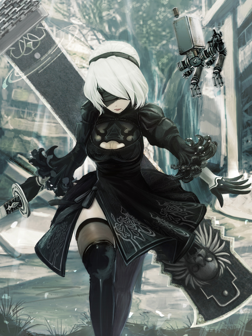 1girl absurdres black_dress black_gloves black_legwear blindfold boots breasts building cleavage dress gloves hairband highres mole mole_under_mouth nier_(series) nier_automata robot ruun_(abcdeffff) short_hair slit solo sword thigh-highs thigh_boots weapon white_hair yorha_unit_no._2_type_b