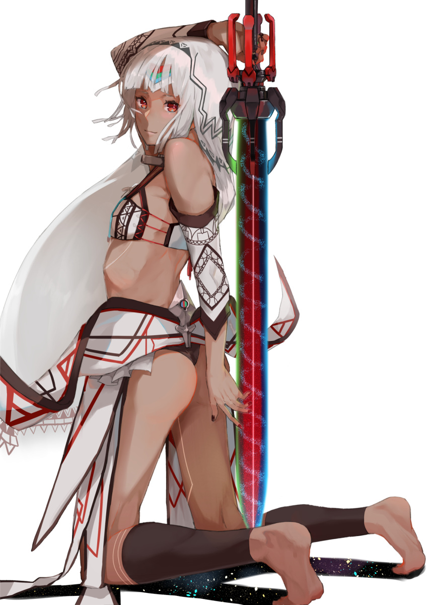 1girl altera_(fate) arm_up ass bangs barefoot black_nails black_panties blunt_bangs dark_skin detached_sleeves fate/extella fate/extra fate/grand_order fate_(series) from_side grey_hair highres holding holding_sword holding_weapon kneeling leg_warmers long_hair midriff mugcup nail_polish panties red_eyes ribs simple_background skinny solo strapless sword tattoo tubetop underwear veil weapon white_background