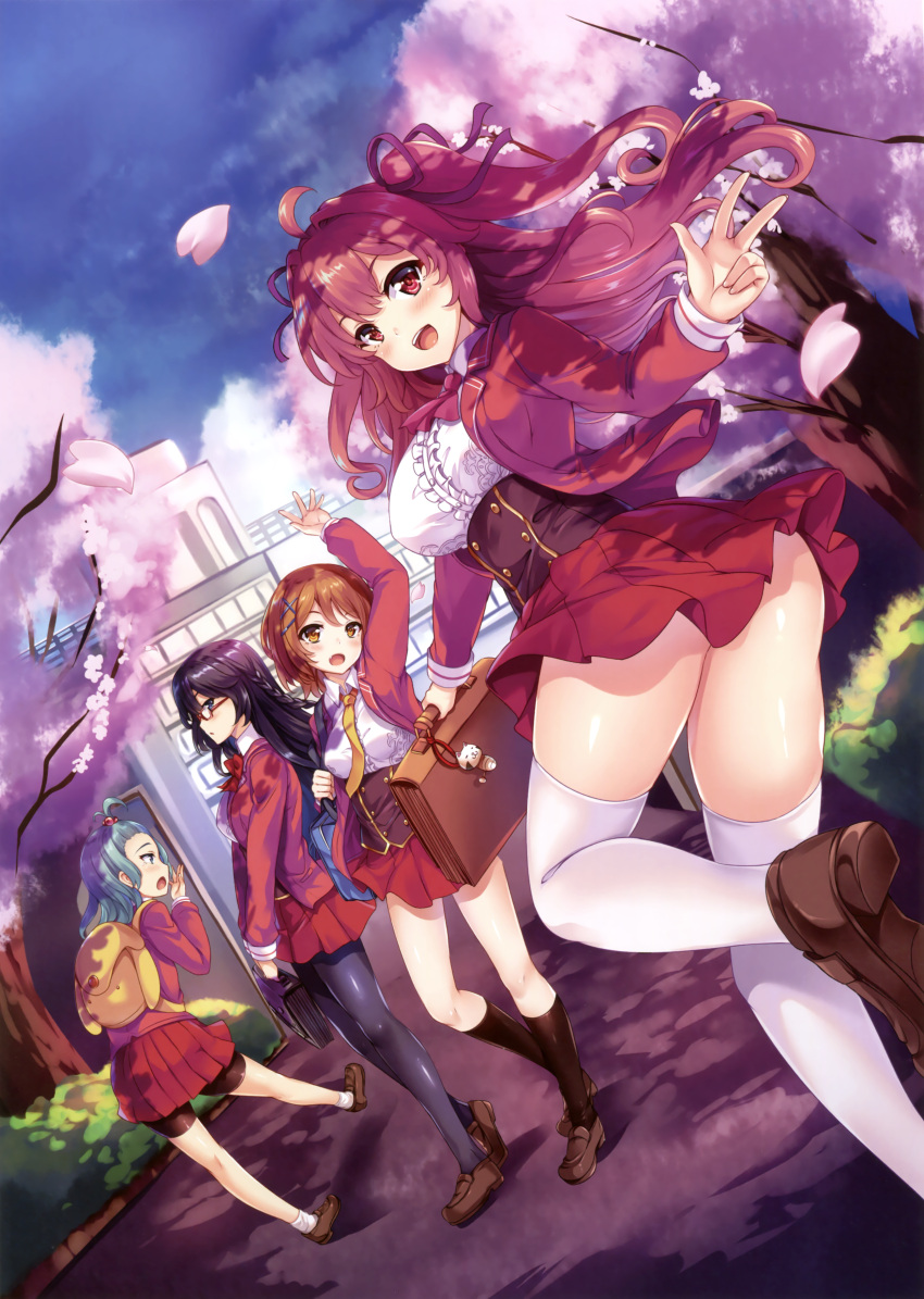 4girls absurdres aqua_hair arm_up bag bike_shorts black_hair black_legwear black_shorts blue_eyes bow bowtie braid brown_hair cherry_blossoms covering_mouth dutch_angle glasses green_eyes hair_ornament hair_ribbon hand_over_own_mouth highres hinata_sora holding kneehighs long_hair looking_at_viewer multiple_girls necktie one_leg_raised one_side_up open_mouth original outdoors pantyhose pleated_skirt purple_ribbon red_bow red_eyes red_skirt ribbon school_uniform short_hair shorts shorts_under_skirt skirt thigh-highs tree white_legwear yellow_necktie