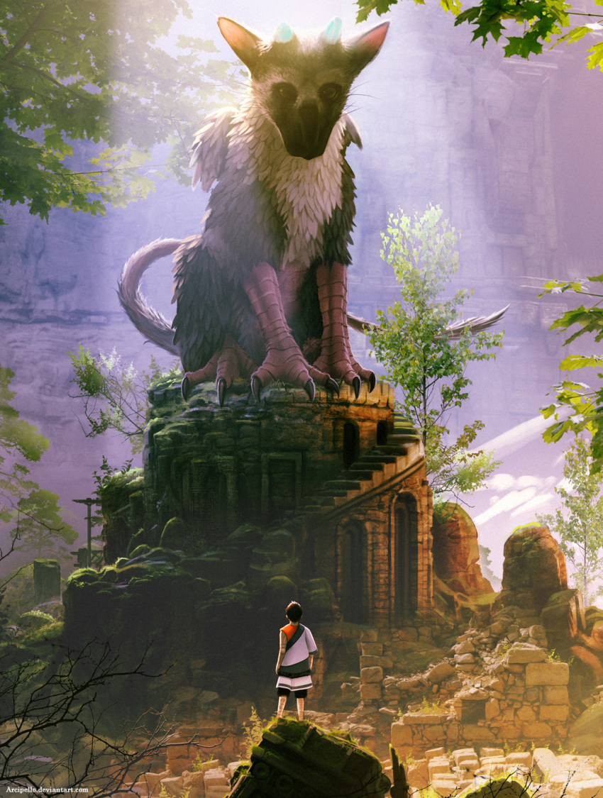 1boy brown_hair daniel_conway from_behind highres ruins tattoo the_boy_(the_last_guardian) the_last_guardian trico_(character) watermark