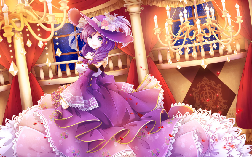 1girl bare_shoulders chandelier commentary_request curtains detached_sleeves dress floral_print flower frilled_dress frills green_eyes hacko hat hat_flower hat_ribbon looking_at_viewer love_live! love_live!_school_idol_project open_mouth petals purple_hair ribbon solo strapless strapless_dress toujou_nozomi window