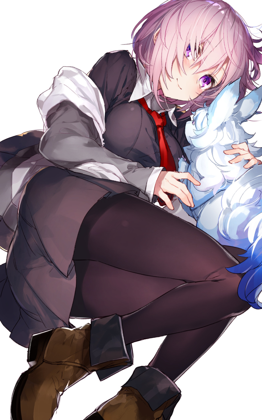 1girl absurdres black_legwear boots collared_shirt fate/grand_order fate_(series) fou_(fate/grand_order) glasses glasses_removed hair_over_eyes highres jacket looking_at_viewer lying mika_pika_zo necktie on_side pantyhose pleated_skirt purple_hair red_necktie shielder_(fate/grand_order) shirt skirt smile violet_eyes white_background