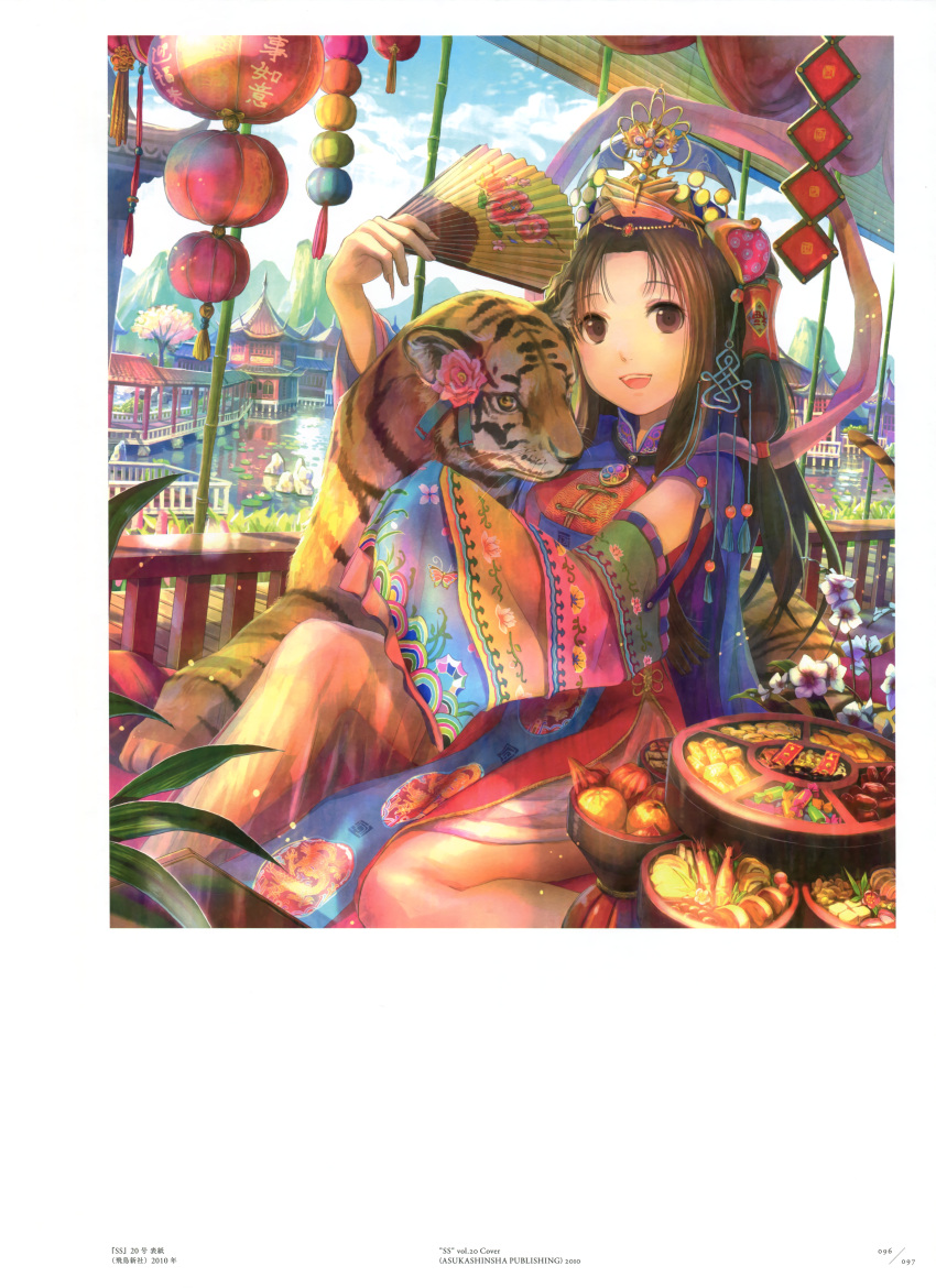 1girl absurdres brown_hair china_dress chinese_clothes detached_sleeves dress fuji_choko hair_ornament highres holding_fan huge_filesize long_hair open_mouth orignal outdoors pink_flower sitting solo tiger