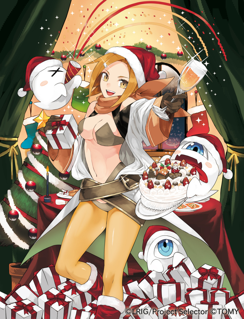 1girl :d belt blonde_hair boots box breasts cake christmas christmas_ornaments christmas_stocking christmas_tree cleavage curtains dona_(wixoss) food ghost gift gift_box glass gloves hair_ornament hairclip hat highres lostorage_wixoss navel official_art open_mouth pantyhose party_popper santa_boots santa_hat smile solo streamers tokiti wixoss yellow_eyes yellow_legwear