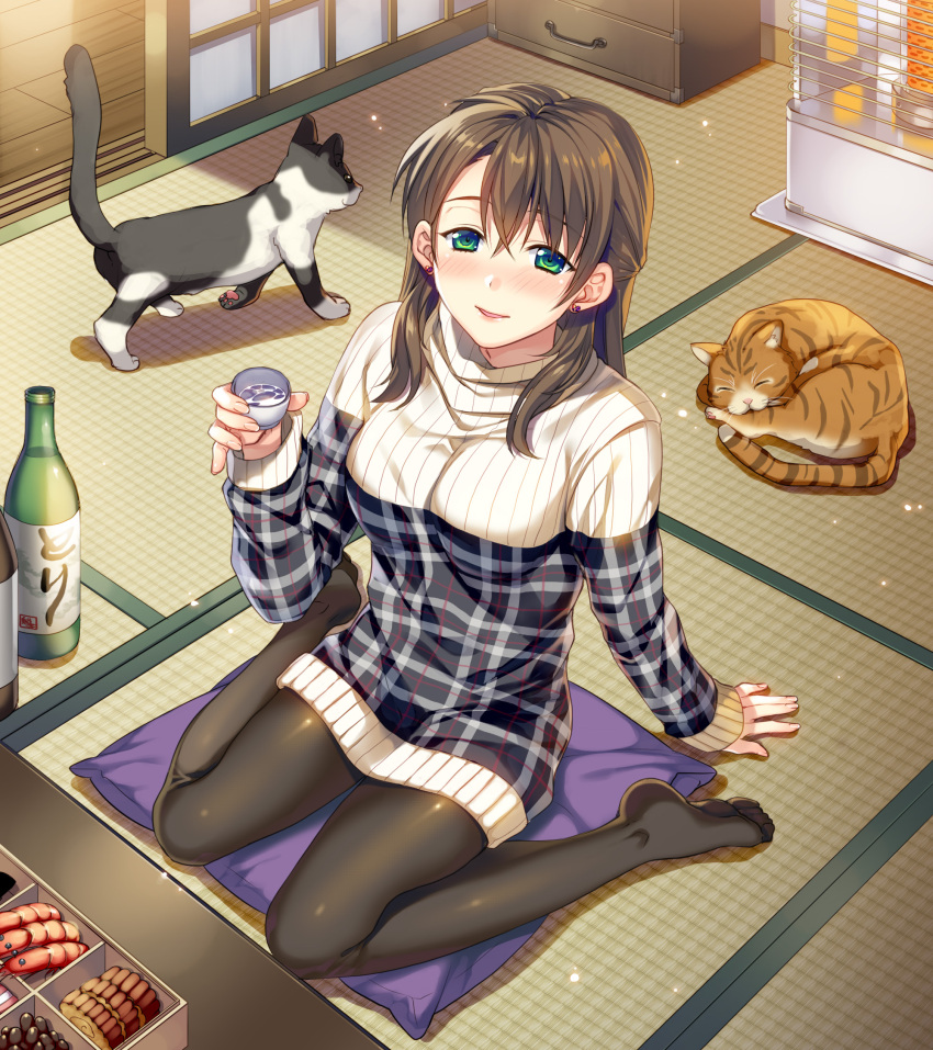 1girl alcohol animal arm_support bangs beans black_legwear bottle box breasts brown_hair cake cat chest_of_drawers choko_(cup) cup cushion dress drunk earrings eyebrows_visible_through_hair fingernails food from_above green_eyes hair_between_eyes half_updo heart heart_earrings heater highres holding indoors jewelry kairi_(strawberry_drop) leaning_back light_particles lipstick long_hair long_sleeves looking_at_viewer makeup medium_breasts no_shoes on_floor original pantyhose parted_lips ribbed_dress ribbed_sweater running_bond sake sake_bottle shiny shiny_clothes short_dress shrimp sitting sliding_doors smile stud_earrings sweater sweater_dress table tatami turtleneck turtleneck_sweater wariza white_dress white_sweater wooden_floor