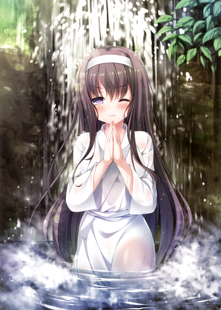 1girl :&gt; absurdres black_hair blush breasts closed_mouth eyebrows_visible_through_hair hairband highres leaf long_hair medium_breasts one_eye_closed original own_hands_together partially_submerged rinka_(yuyutei) robe scan solo standing very_long_hair violet_eyes water waterfall wet wet_clothes wet_hair