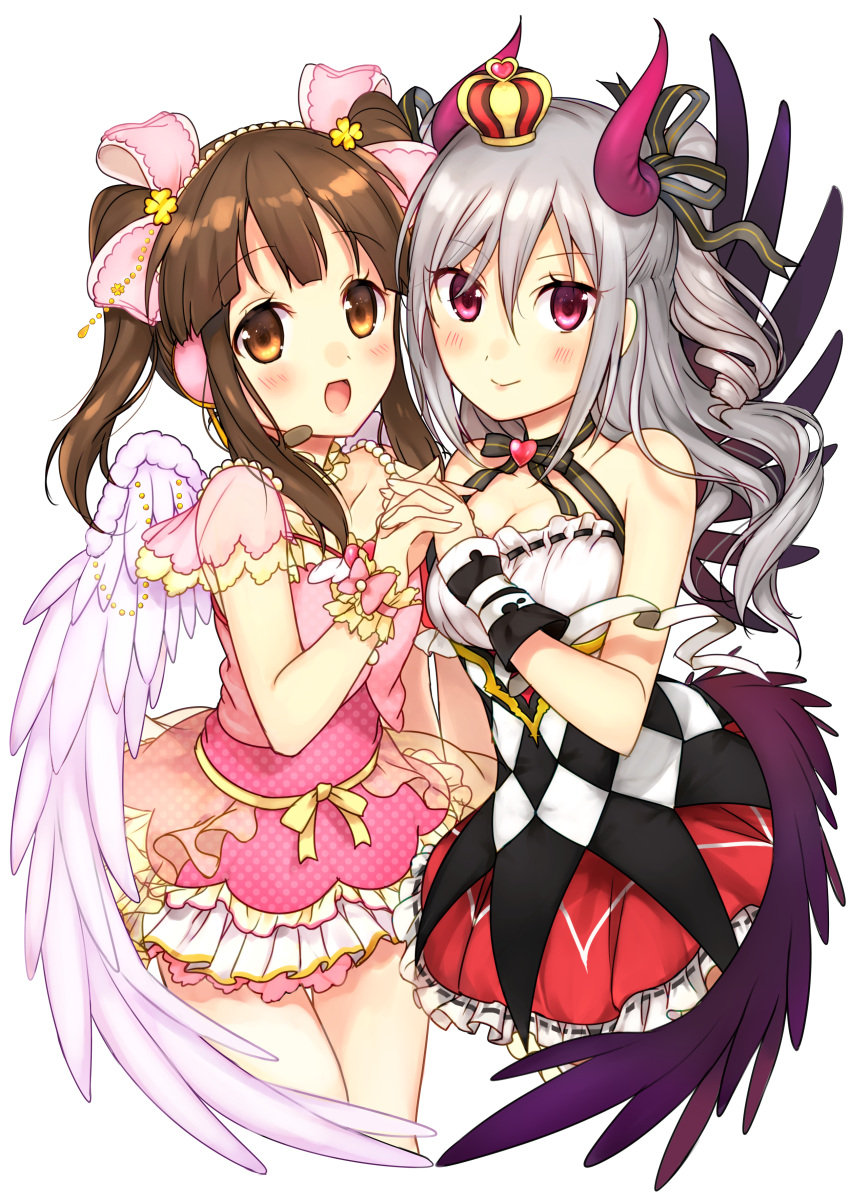 2girls :d absurdres angel_wings black_wings blush breasts brown_eyes brown_hair checkered checkered_dress choker cleavage crown demon_horns dress drill_hair frilled_dress frills grey_hair hair_ornament hair_ribbon hand_holding headset highres horns idolmaster idolmaster_cinderella_girls jewelry kakizato kanzaki_ranko lace long_hair looking_at_viewer mini_crown multiple_girls multiple_wings necklace ogata_chieri open_mouth red_eyes ribbon short_dress silver_hair sleeveless smile strapless strapless_dress twintails two_side_up wings wrist_cuffs