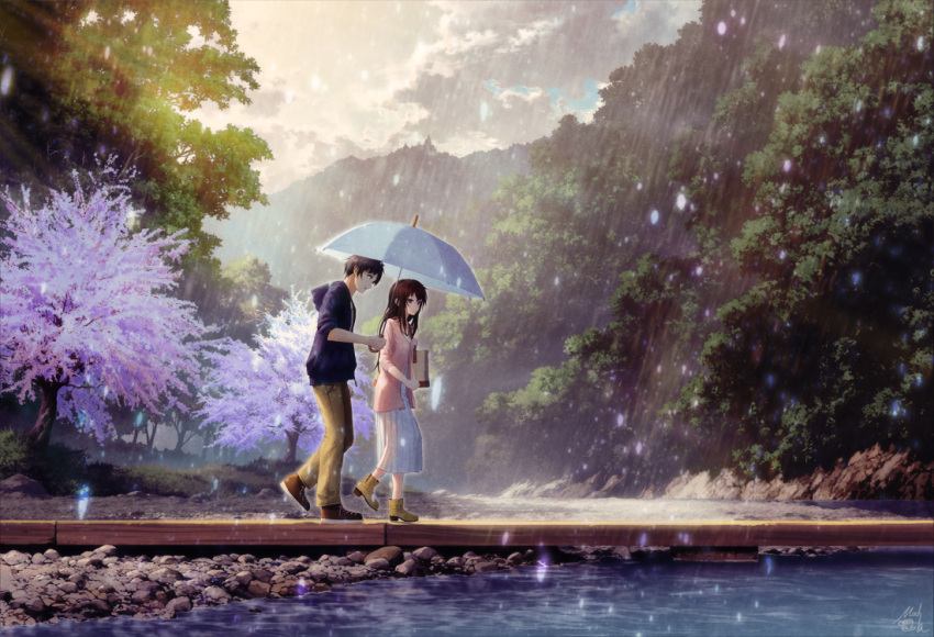 1boy 1girl brown_hair full_body long_hair original rain river scenery shared_umbrella short_hair smile technoheart tree umbrella