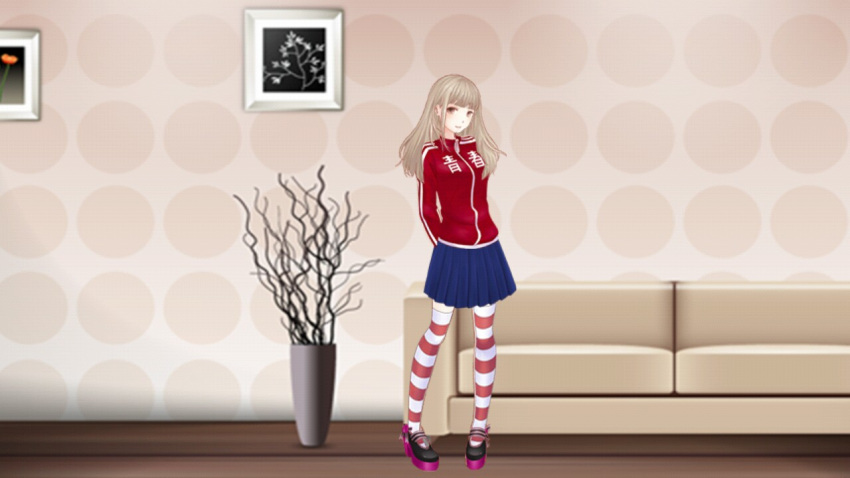 1girl arms_behind_back bangs blonde_hair blue_skirt blunt_bangs couch female full_body grey_eyes indoors jacket long_hair looking_at_viewer photo_(object) picture_frame plant platform_footwear pleated_skirt potted_plant red_jacket red_legwear screencap shoes skirt smile solo standing striped striped_legwear thigh-highs track_jacket white_legwear wooden_floor zettai_ryouiki