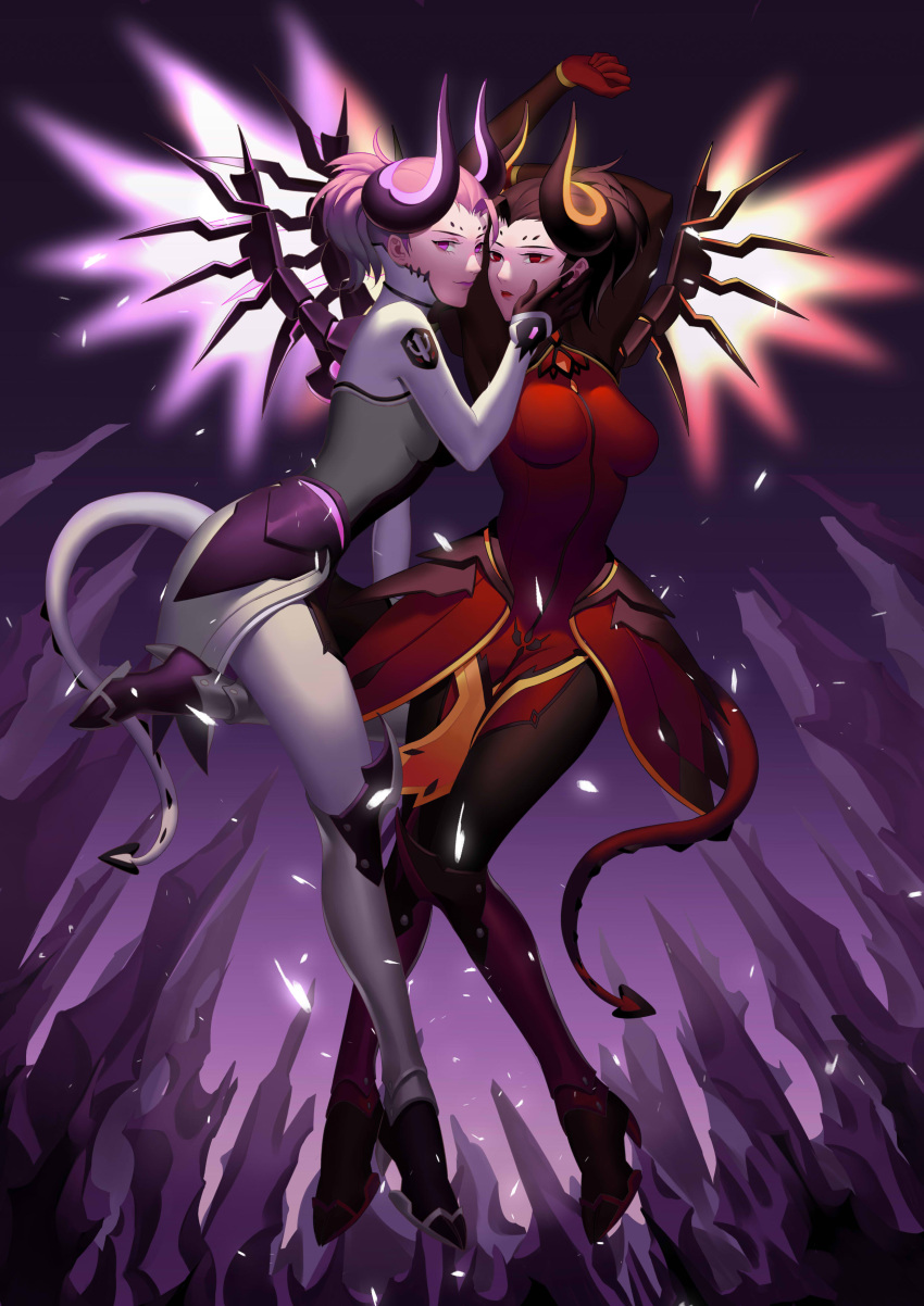 2girls absurdres alternate_costume arms_up black_hair bodysuit boots breasts brown_legwear closed_mouth dark_persona demon_girl demon_horns demon_tail devil_mercy eyeshadow facial_mark faulds forehead_mark full_body gloves glowing glowing_wings high_heel_boots high_heels highres horns knee_pads kneeboots leg_up lian_ju loincloth long_sleeves looking_at_viewer makeup mechanical_wings medium_breasts mercy_(overwatch) multiple_girls one_leg_raised overwatch pantyhose parted_lips pelvic_curtain pitchfork ponytail purple_boots purple_lips red_bodysuit red_eyes red_gloves red_lips red_wings shards short_hair spread_wings tail turtleneck violet_eyes white_boots white_legwear wings