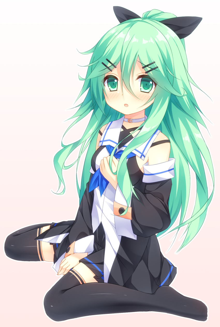 1girl between_legs black_legwear black_ribbon black_skirt blue_neckerchief blush breasts collar detached_sleeves eyebrows_visible_through_hair gradient gradient_background green_eyes green_hair hair_between_eyes hair_ornament hair_ribbon hairclip hand_between_legs highres kantai_collection long_hair looking_at_viewer minatsuki_kou neckerchief no_shoes parted_lips pink_background pleated_skirt ponytail ribbon school_uniform serafuku simple_background sitting skirt small_breasts solo thigh-highs wariza wide_sleeves yamakaze_(kantai_collection)