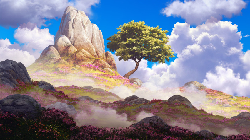 clouds daniel_conway day flower fog highres meadow nature no_humans original outdoors rock scenery sky tree