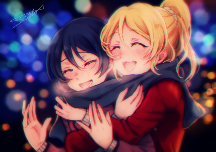 2girls ^_^ ayase_eli bangs blonde_hair blue_hair blue_scarf blush breath closed_eyes coat hug hug_from_behind lilylion26 love_live! love_live!_school_idol_project multiple_girls night open_mouth ponytail red_coat scarf scrunchie shared_scarf signature smile sonoda_umi winter_clothes yuri
