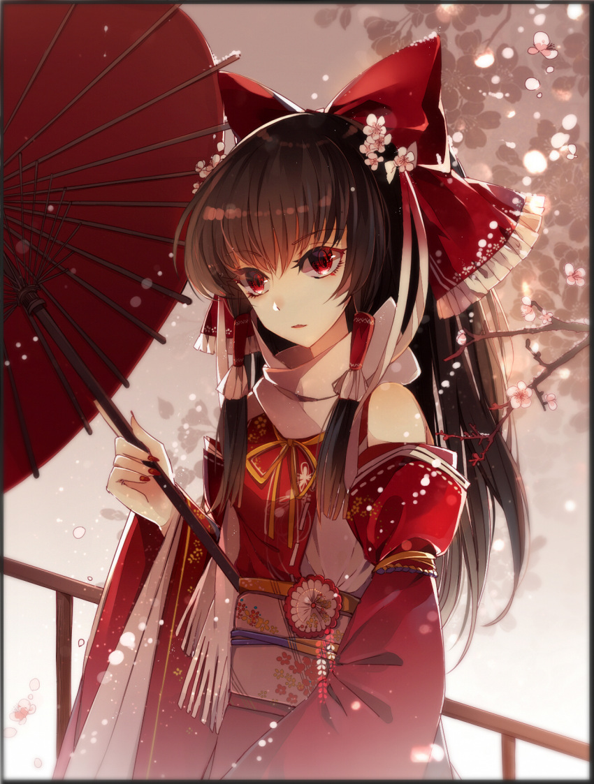 1girl adapted_costume bangs baocaizi bare_shoulders black_border black_hair border bow branch brown_hair detached_sleeves eyebrows_visible_through_hair fingernails flat_chest floral_background flower hair_bow hair_flower hair_ornament hair_tubes hakurei_reimu highres holding holding_umbrella light_particles long_fingernails long_hair looking_at_viewer nail_polish obi oriental_umbrella parted_lips petals pink_flower railing red_bow red_eyes red_nails ribbon_trim sash scarf shiny shiny_hair sidelocks solo touhou umbrella upper_body white_scarf