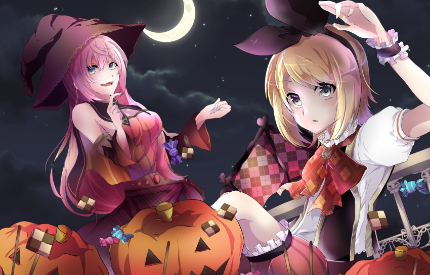 2girls aqua_eyes belt beltskirt biscuit black_bow blonde_hair blue_eyes bow bracelet candy clouds cloudy_sky collar cookie crescent_moon detached_collar detached_sleeves dutch_angle food frilled_collar frilled_legwear frills hair_bow halloween halloween_costume hand_on_own_chin hand_up hat highres jewelry kagamine_rin leaning_back long_hair megurine_luka moon multiple_girls neck_ribbon night outstretched_hand pink_hair plaid plaid_bow plaid_skirt pocky pumpkin pumpkin_pants ribbon short_hair shorts skirt sky star_(sky) starry_sky vocaloid witch_hat yuken