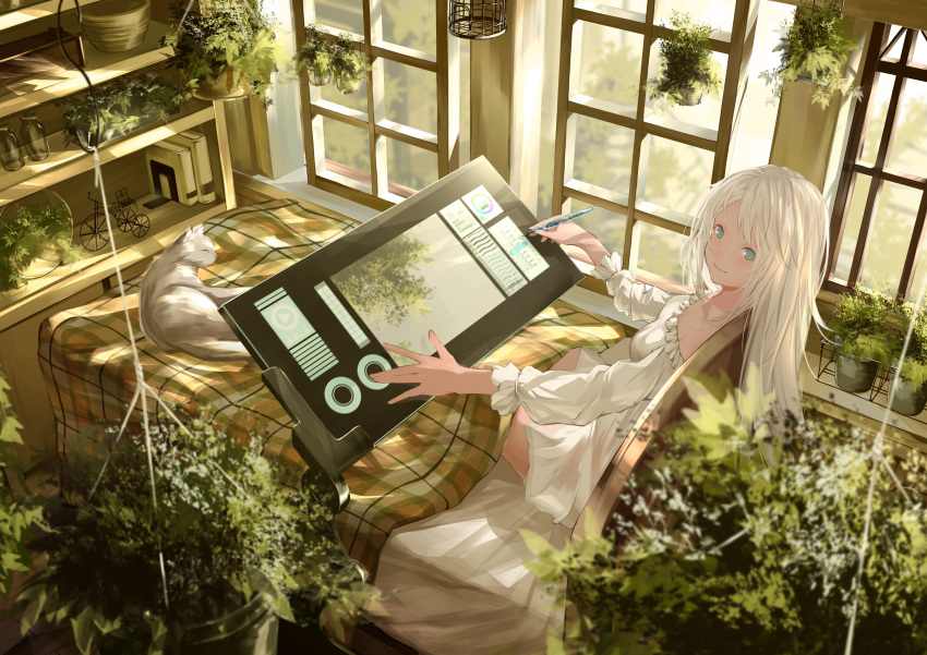1girl absurdres aqua_eyes bangs bed bed_sheet blush cat commentary_request drawing_tablet dress from_above highres indoors long_hair looking_at_viewer looking_up miya-ki_(miya_key) on_bed original plant potted_plant sitting solo stylus tablet white_dress white_hair window