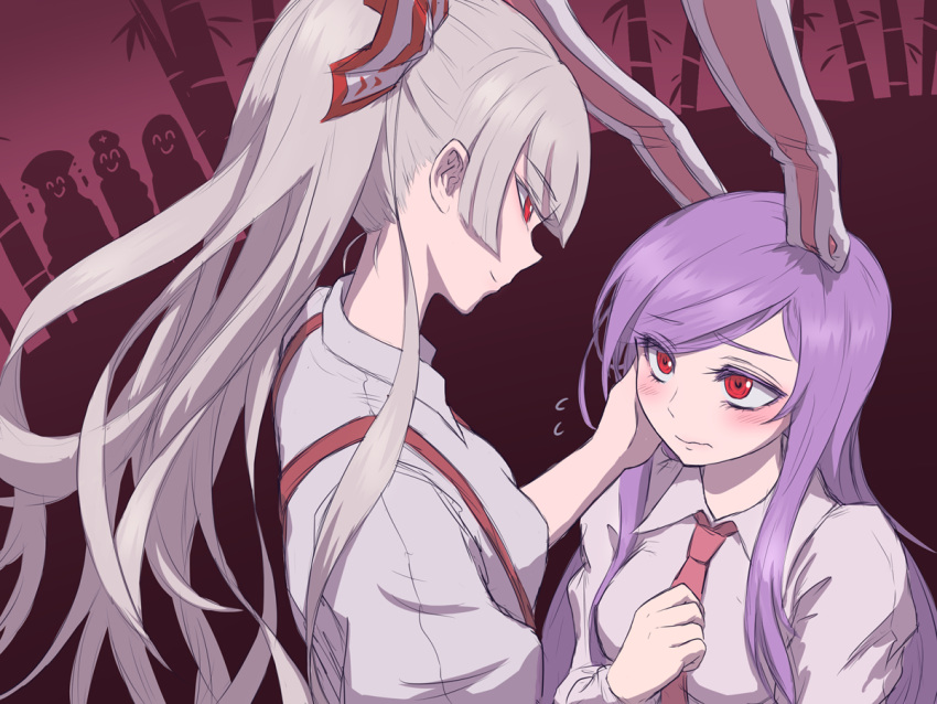 2girls alternate_hairstyle animal_ears bamboo bamboo_forest bangs blunt_bangs blush bow breasts collared_shirt eye_contact eyebrows_visible_through_hair eyes_visible_through_hair flying_sweatdrops forest fujiwara_no_mokou hair_bow half-closed_eyes hand_on_another's_face hand_up height_difference houraisan_kaguya junko_(touhou) long_hair long_ponytail looking_at_another md5_mismatch miata_(miata8674) multiple_girls nature nervous purple_hair rabbit_ears red_background red_eyes reisen_udongein_inaba shiny shiny_hair shirt silhouette silhouette_demon silver_hair small_breasts smile suspenders thumbnail_surprise touhou upper_body very_long_hair wavy_mouth yagokoro_eirin yuri