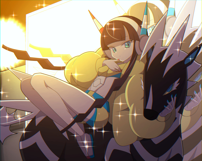 1girl bangs bare_legs black_hair blue_eyes blue_nails blunt_bangs coat fingernails gym_leader headphones highres kamitsure_(pokemon) legs legs_folded long_hair looking_at_viewer looking_to_the_side lying midriff mikuji nail_polish navel on_back open_clothes open_coat pokemon pokemon_(game) pokemon_bw2 red_nails screen sitting slippers solo sparkle twintails very_long_hair zebstrika
