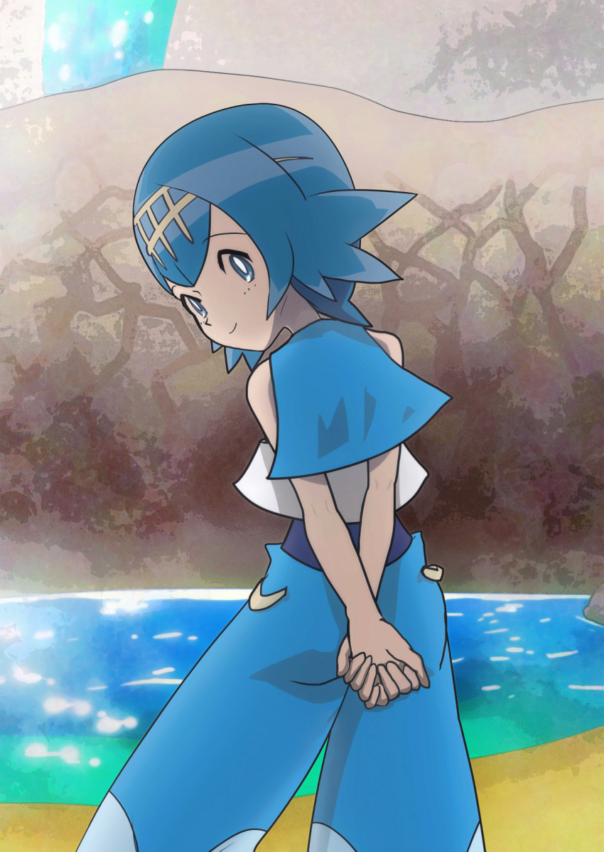 1girl arms_behind_back bare_shoulders blue_eyes blue_hair from_behind highres looking_back matching_hair/eyes pokemon pokemon_(game) pokemon_sm runachikku short_hair smile solo suiren_(pokemon) water white_pupils