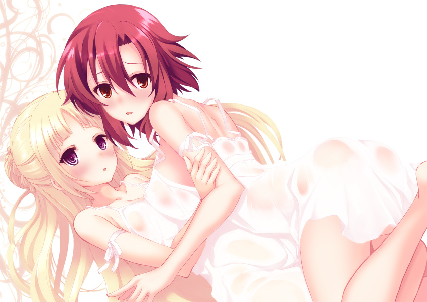 2girls arm_ribbon asymmetrical_docking barefoot blonde_hair blush braid breast_press breasts collarbone commentary dress erect_nipples french_braid girl_on_top hand_on_another's_arm highres izetta large_breasts long_hair looking_at_viewer multiple_girls open_mouth ortfine_fredericka_von_eylstadt red_eyes redhead ribbon sasakawa_arumi see-through shiny shiny_hair short_hair shuumatsu_no_izetta small_breasts violet_eyes white_background white_dress yuri