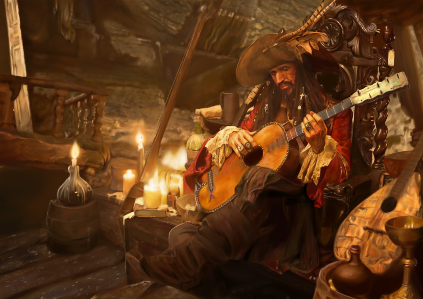 candle captain_teague d_(pixiv289518) disney guitar hat instrument lute_(instrument) male photorealistic pirate pirates_of_the_caribbean realistic