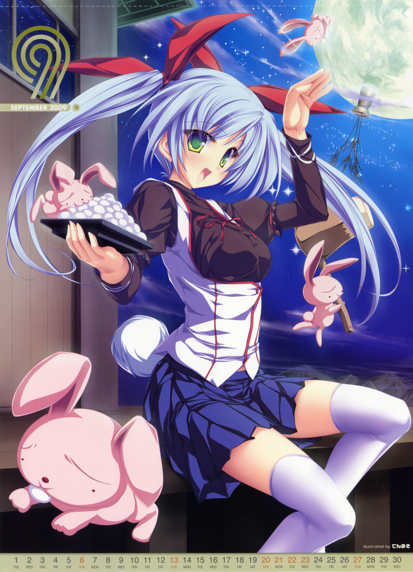 bow bunny green_eyes hair_bow highres moon moon_rabbit purple_hair rabbit tenmaso thigh-highs thighhighs twintails