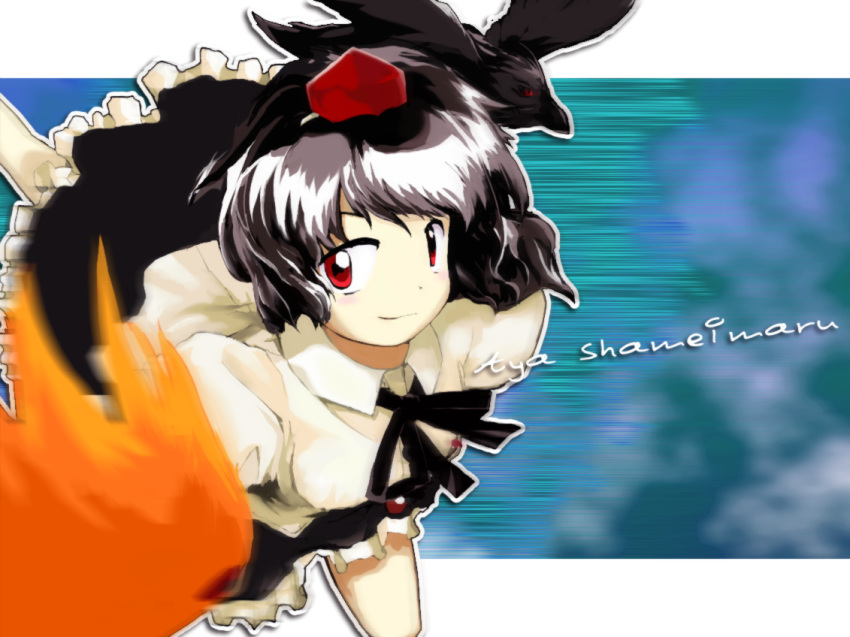 black_hair character_name hat ikmg oota_jun'ya_(style) parody red_eyes shameimaru_aya short_hair style_parody tokin_hat touhou