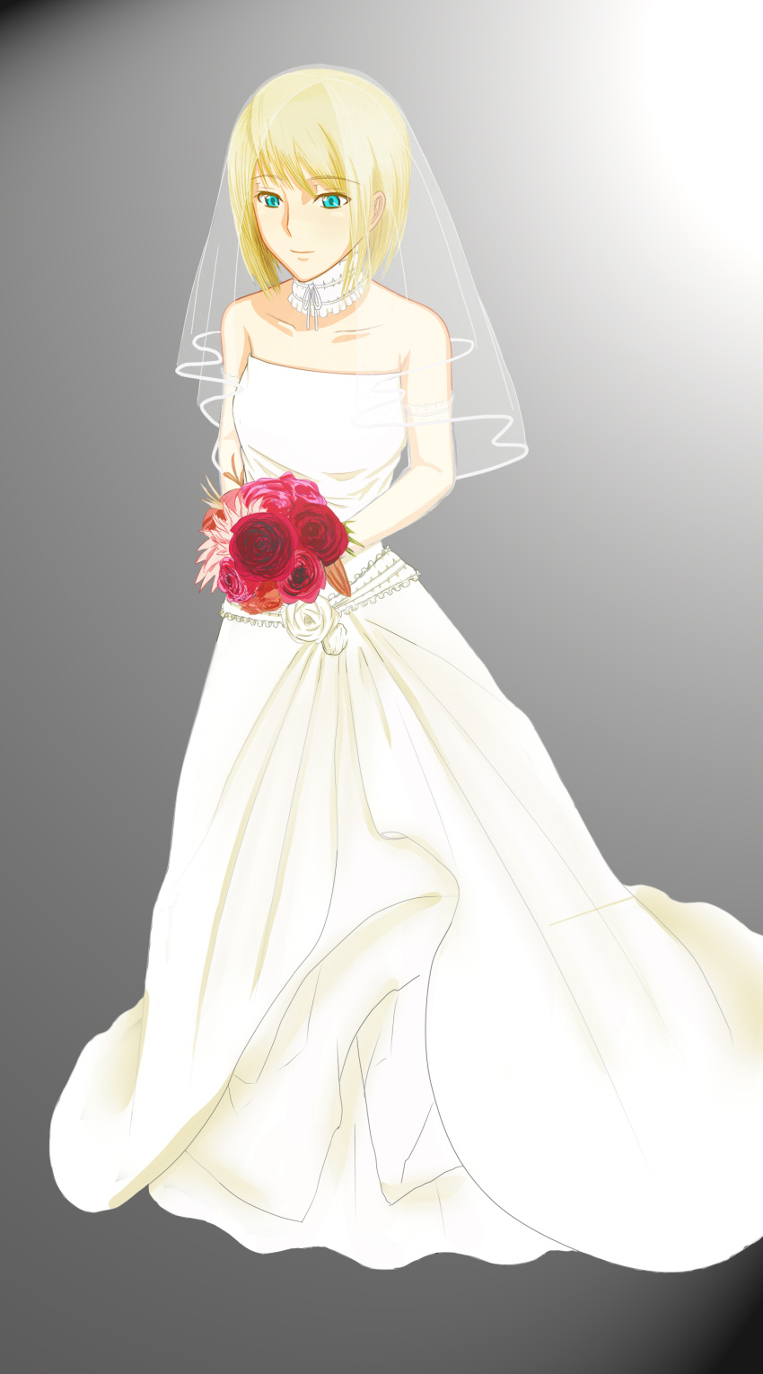 amaron aqua_eyes blonde_hair bridal_veil bride dress flower highres original short_hair veil wedding_dress