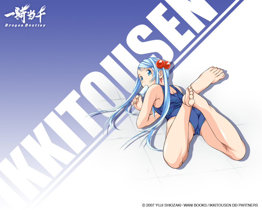 ass back barefoot blue_eyes blue_hair child crossed_legs earrings feet fingernails flat_chest from_behind hair_bobbles hair_ornament ikkitousen ikkitousen_dragon_destiny jewelry legs legs_up long_fingernails long_hair looking_back lying magatama official_art on_ground on_stomach one-piece_swimsuit popsicle school_swimsuit shiozaki_yuji shokatsuryou_koumei sitting solo swimsuit twintails very_long_hair wallpaper