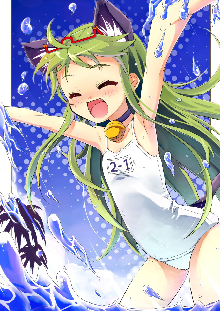 blush cat_ears child closed_eyes fang flat_chest glasses glasses_on_head green_hair happy highres loli long_hair ocean one-piece_swimsuit original osa_(artist) osa_(osaosa) playing school_swimsuit splash swimsuit tail water white_school_swimsuit