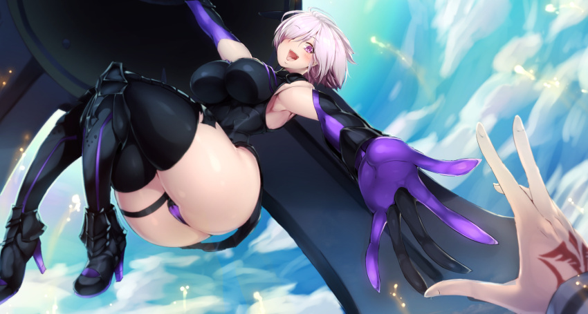 1girl :d armor armored_boots armpits ass black_legwear blush boots breasts command_spell elbow_gloves fate/grand_order fate_(series) gloves high_heels highres holding_shield looking_at_viewer open_mouth outstretched_arms pov purple_gloves purple_hair sekiyu_(spartan) shield shielder_(fate/grand_order) short_hair smile solo_focus thigh-highs violet_eyes