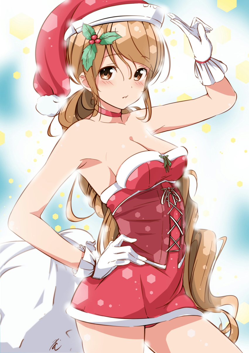 1girl alternate_costume armpits bare_shoulders blush breasts brown_eyes brown_hair chestnut_mouth choker cleavage corset gloves hair_ornament hand_on_hip hat highres holly_hair_ornament kantai_collection littorio_(kantai_collection) long_hair looking_at_viewer ponytail sack santa_costume santa_hat sideboob smile snow snowing solo tatusinomu